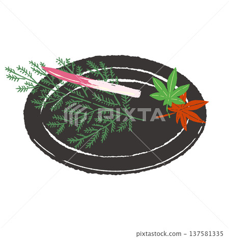 黑色盤子上擺放著檜木、楓葉和蔥花（成品擺放圖） 137581335