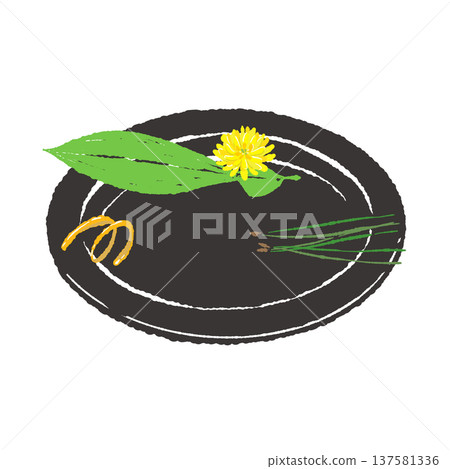 A set of bamboo leaves, chrysanthemums, and yuzu peel garnishes on a black plate (finished arrangement) 137581336
