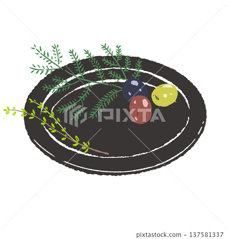 橄欖和香草裝飾，搭配黑色餐盤（擺盤完成） 137581337