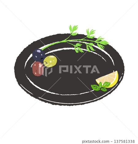 Garnished with olives, lemon, and herbs, and served on a black plate (finished presentation) Garnished with olives, lemon, and herbs, and served on a black plate (finished presentation) 137581338