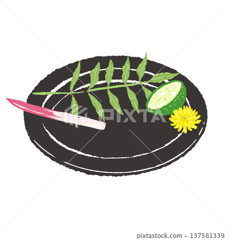 Garnished with leaf buds, sprouts, and sudachi citrus, and served on a black plate (finished presentation) Garnished with leaf buds, sprouts, and sudachi citrus, and served on a black plate (finished presentation) 137581339
