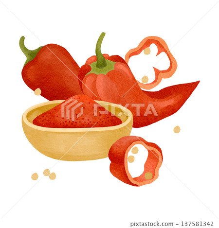 Hand-drawn watercolor hot chili pepper, chili powder, seeds and sliced pepper ready to use composition for product design Hand-drawn watercolor hot chili pepper, chili powder, seeds and sliced pepper ready to use composition for product design 137581342