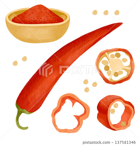Hand-drawn watercolor fresh chili pepper, chili powder and seeds and sliced pepper detailed illustrations isolated on white Hand-drawn watercolor fresh chili pepper, chili powder and seeds and sliced pepper detailed illustrations isolated on white 137581346