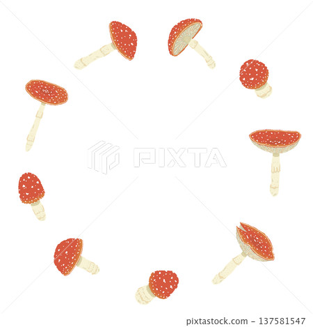 Hand-drawn illustration of a round frame of a fly agaric Hand-drawn illustration of a round frame of a fly agaric 137581547