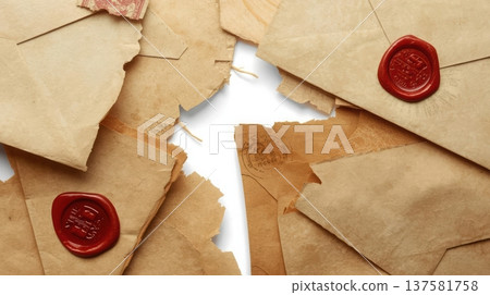 Pile of vintage envelopes with red wax seals and torn edges scattered on a white surface creating a nostaic and antique aesthetic appeal. 137581758