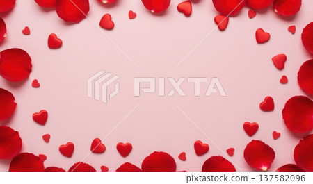 Red rose petals and candy hearts create a lovely border on a soft pink background, ideal for expressing love and romance du Valentine's Day. 137582096