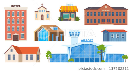 Various flat urban building icons. Isolated school, prison, church, cafe, airport, private house, cottage on a white background. Vector illustrations. Various flat urban building icons. Isolated school, prison, church, cafe, airport, private house, cottage on a white background. Vector illustrations. 137582211
