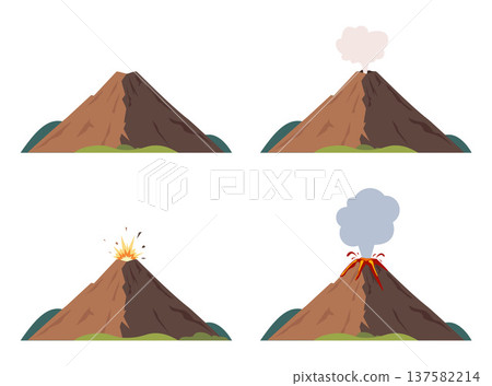 Volcanic eruption process in different stages. Volcano erupt with flow magma, fire and clouds of smoke, ash and gases. Vector illustration. 137582214