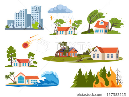 Natural disasters, damage catastrophe cataclysm scenes. Earth damage disaster collection. Vector illustration. 137582215