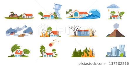 Natural disasters, damage catastrophe cataclysm scenes. Earth damage disaster collection. Vector illustration. 137582216