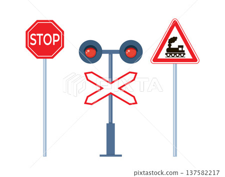 Railway sign and traffic light railroad transport control set realistic vector illustration. Train subway safety movement symbol. Vector illustration. Railway sign and traffic light railroad transport control set realistic vector illustration. Train subway safety movement symbol. Vector illustration. 137582217