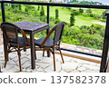 A view of the golf course and ocean from the hotel terrace table and chairs, a tropical resort scene (Miyakojima City, Okinawa Prefecture) 137582378