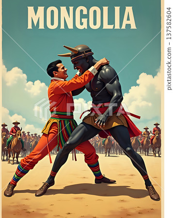 Two wrestlers are in a contest in Mongolia. One wrestler wears a colorful outfit while the other has a dark skin tone and a distinctive headpiece. A crowd watches from a distance. 137582604