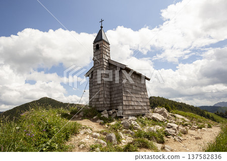 Chapel Freudenreich at Brecherspitze mountain, Bavaria, Germany in summertime 137582836