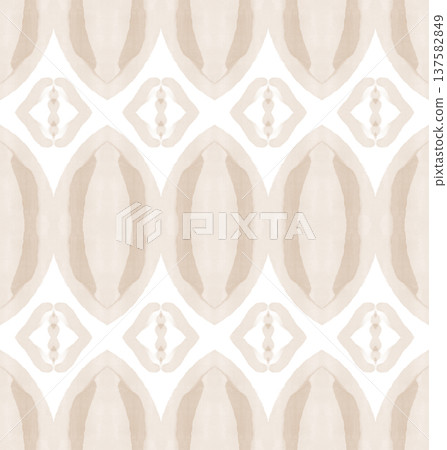 Soft Beige and Cream Watercolor Ikat Seamless Pattern with Symmetrical Ornamental Motifs 137582849