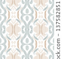 Soft Sage and Beige Watercolor Ikat Seamless Pattern with Symmetrical Ornamental Motifs 137582851