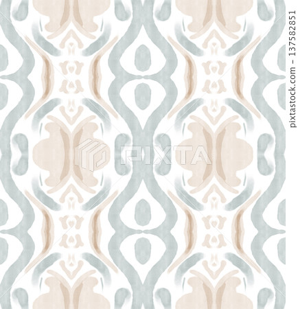 Soft Sage and Beige Watercolor Ikat Seamless Pattern with Symmetrical Ornamental Motifs 137582851
