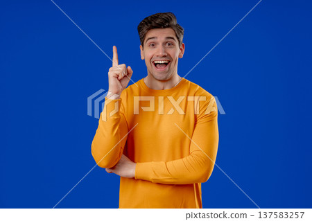 Genius Idea. Resourceful 30S Aged Man Has Eureka Moment, Pointing Finger Up, Remember What He forgot. Memory concept. 137583257