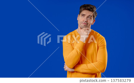 Thinking Man Looking Up, Searching Opportunity On Blue Studio.Curious copy space 137583279