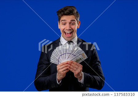 Happy Excited Businessman With Cash Money - Usd Currency Dollars Banknotes 137583310