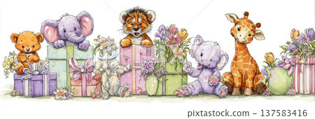 Many happy animal friends gather around colorful gift boxes and bright flowers. They enjoy each other's company in a fun and lively setting filled with joy and laughter, banner 137583416