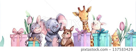 Many happy animal friends gather around colorful gift boxes and bright flowers. They enjoy each other's company in a fun and lively setting filled with joy and laughter, banner Many happy animal friends gather around colorful gift boxes and bright flowers. They enjoy each other's company in a fun and lively setting filled with joy and laughter, banner 137583429