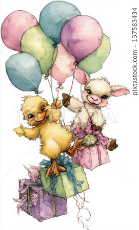 A chick and a lamb walk together, holding hands. They carry balloons and a gift. Flowers are scattered around as they enjoy the Easter holiday A chick and a lamb walk together, holding hands. They carry balloons and a gift. Flowers are scattered around as they enjoy the Easter holiday 137583434