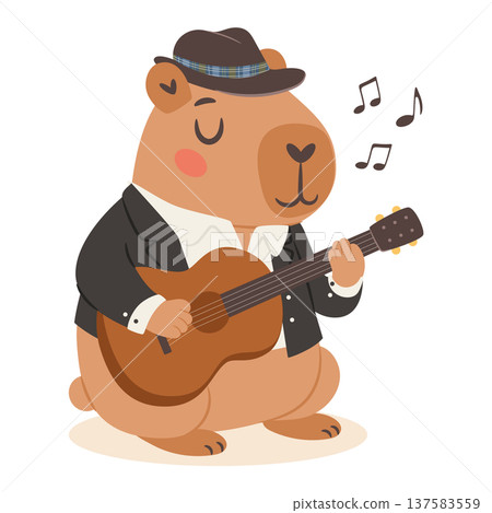 Cute capybara jazz musician playing guitar in a vintage jazz band cartoon illustration 137583559