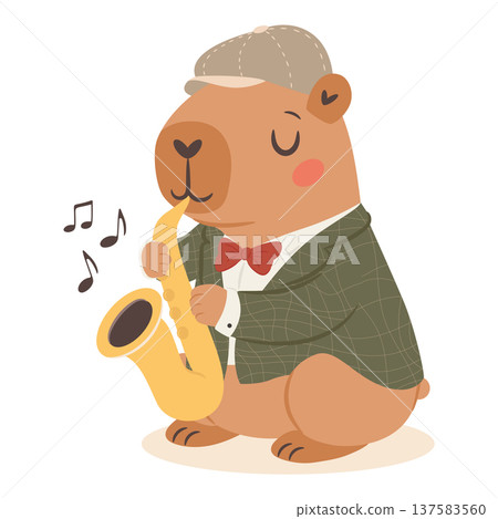Cute capybara jazz musician playing saxophone in a vintage jazz band cartoon illustration 137583560