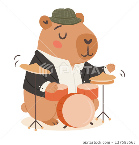 Cute capybara jazz musician playing drumset in a vintage jazz band cartoon illustration 137583565