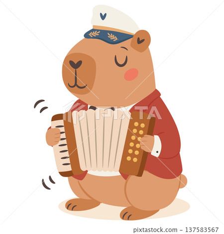 Cute capybara jazz musician playing accordion in a vintage jazz band cartoon illustration. Cute capybara jazz musician playing accordion in a vintage jazz band cartoon illustration. 137583567