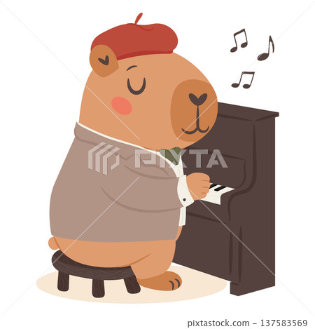 Cute capybara jazz musician playing piano in a vintage jazz band cartoon illustration 137583569