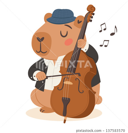 Cute capybara jazz musician playing a doublebass in a vintage jazz band cartoon illustration 137583570