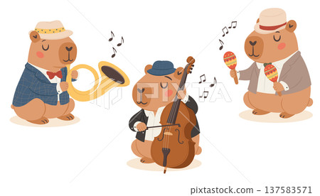 Cute cartoon oldschool capybaras jazz band set 137583571