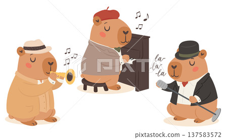 Cute cartoon oldschool capybaras jazz band set 137583572