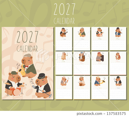 2027 calendar template with cute cartoon capybaras jazz band 137583575