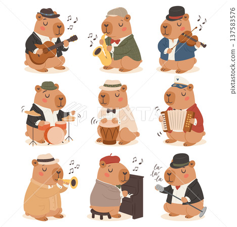 Cute cartoon oldschool capybaras jazz band set 137583576