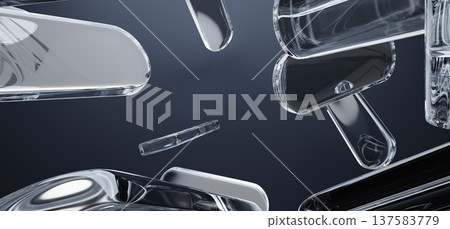 Liquid glass rounded rectangle plates flying on black 3d background. Abstract bg with dynamic shapes, clear transparent lenses, crystal stripes. Modern technologies, graphic design. 3D illustration 137583779