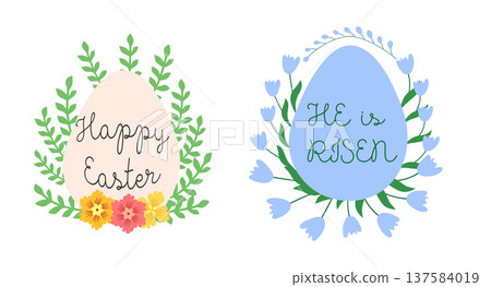 A set of Easter cards with an egg, bunny and flowers. The inscriptions read He is risen, Happy Easter A set of Easter cards with an egg, bunny and flowers. The inscriptions read He is risen, Happy Easter 137584019