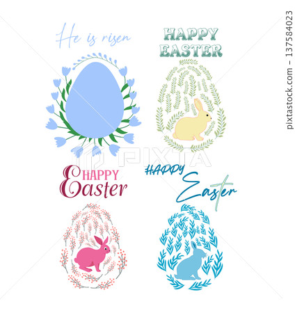 A set of Easter cards with an egg, bunny and flowers. The inscriptions read He is risen, Happy Easter 137584023