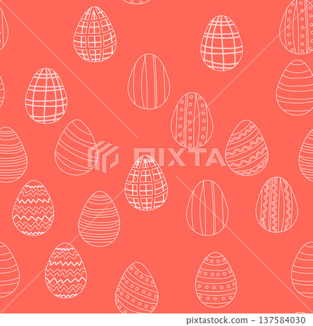 Seamless pattern with Easter eggs, outline design. A vibrant seamless background for Easter designs, featuring cute patterned eggs with polka dots Seamless pattern with Easter eggs, outline design. A vibrant seamless background for Easter designs, featuring cute patterned eggs with polka dots 137584030