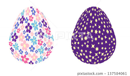 Easter egg with flowers and leaves. Seamless patterned eggs with polka dots, flowers Easter egg with flowers and leaves. Seamless patterned eggs with polka dots, flowers 137584061