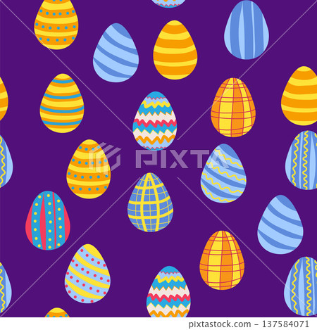 Seamless pattern with Easter eggs, Dymkovo toy design. A cute patterned eggs with polka dots and stripes Seamless pattern with Easter eggs, Dymkovo toy design. A cute patterned eggs with polka dots and stripes 137584071