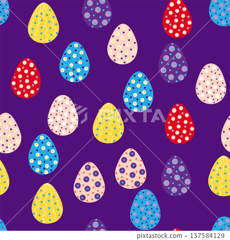 Seamless pattern with Easter eggs, Dymkovo toy design. A cute patterned eggs with polka dots and stripes Seamless pattern with Easter eggs, Dymkovo toy design. A cute patterned eggs with polka dots and stripes 137584129