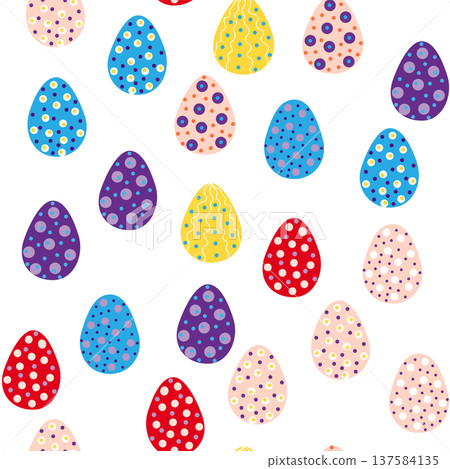Seamless pattern with Easter eggs, Dymkovo toy design. A cute patterned eggs with polka dots and stripes Seamless pattern with Easter eggs, Dymkovo toy design. A cute patterned eggs with polka dots and stripes 137584135