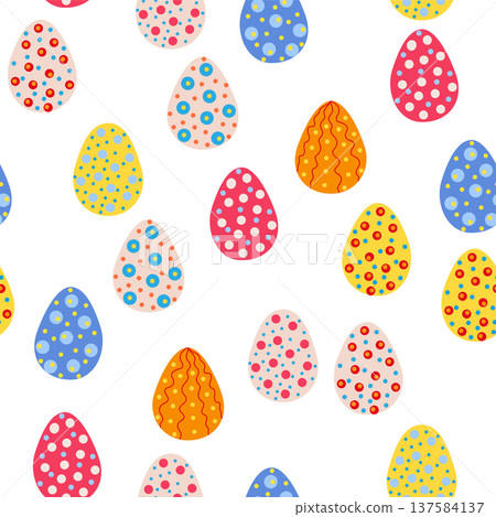 Seamless pattern with Easter eggs, Dymkovo toy design. A cute patterned eggs with polka dots and stripes 137584137