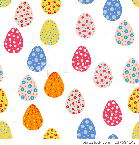 Seamless pattern with Easter eggs, Dymkovo toy design. A cute patterned eggs with polka dots and stripes 137584142
