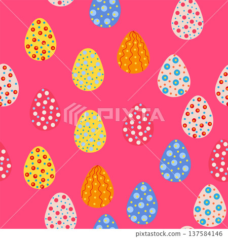 Seamless pattern with Easter eggs, Dymkovo toy design. A cute patterned eggs with polka dots and stripes 137584146