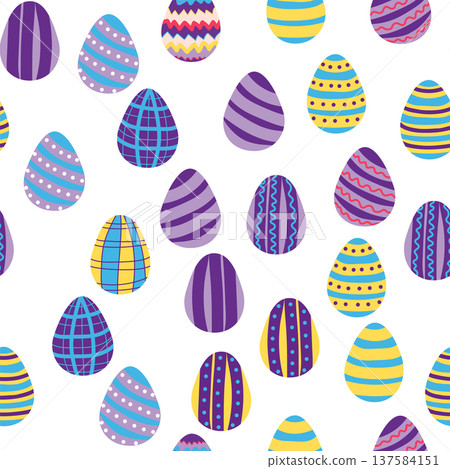 Seamless pattern with Easter eggs, Dymkovo toy design. A cute patterned eggs with polka dots and stripes Seamless pattern with Easter eggs, Dymkovo toy design. A cute patterned eggs with polka dots and stripes 137584151