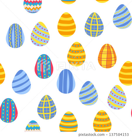 Seamless pattern with Easter eggs, Dymkovo toy design. A cute patterned eggs with polka dots and stripes Seamless pattern with Easter eggs, Dymkovo toy design. A cute patterned eggs with polka dots and stripes 137584153